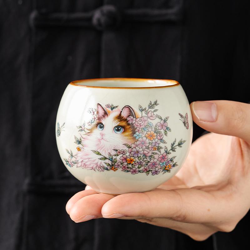 120ML Ru Kiln Persian Cat Zen Teacup Retro Master Cup Personal Cup Kungfu Tea Set Opening Can Raise Tea Ceremony