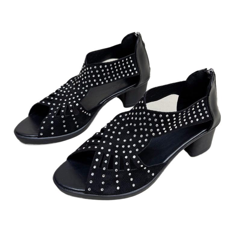 Fashion 2025 Summer New Peep Toe Women's Cover Heel Sandals Outdoor Crystal Back Zip Chunky Heels Sandal for Retro Daily Office & Career