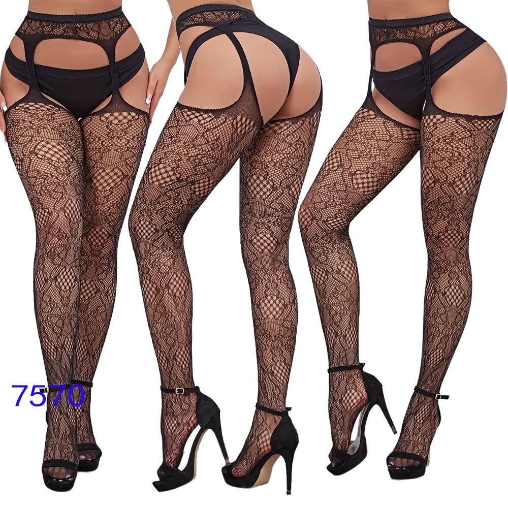 New style open crotch lace transparent suspender black silk sexy fishnet stockings non-slip one-piece suspender belt for women