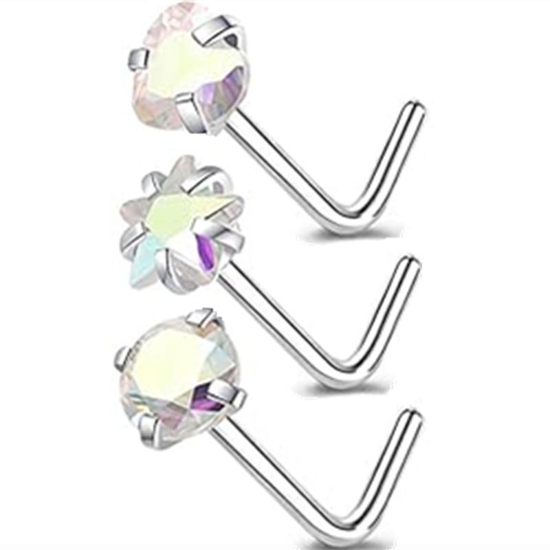 3PC Stainless Steel Flower Nose Piercing Stud Set L Shape Pink Nose Ring Studs Pack Indian Nose Jewelry Bulk Piercing Nariz Lote