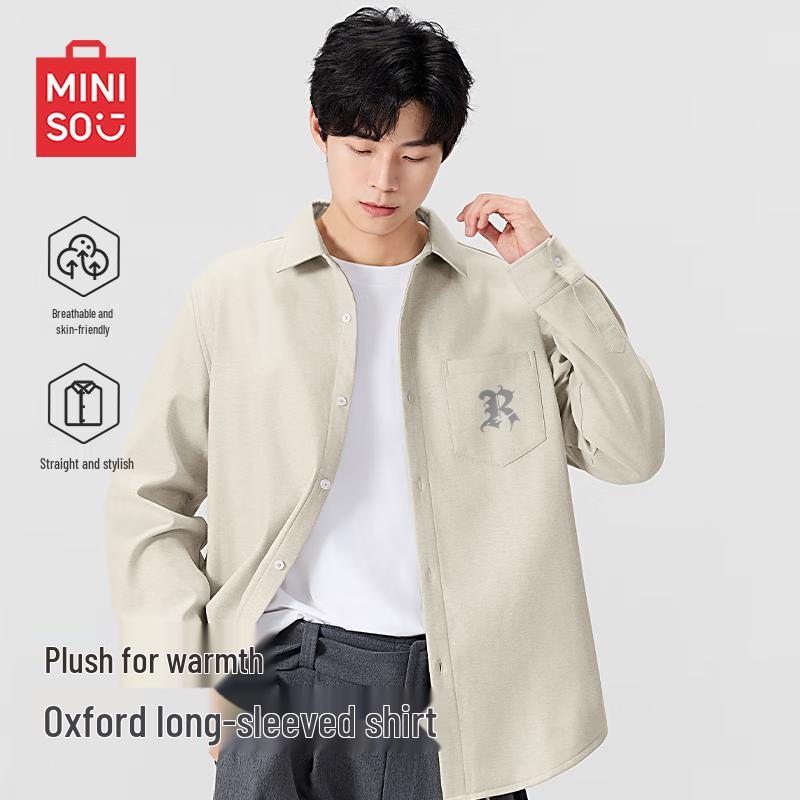 MINISO Men s Fleece-Lined Oxford Long-Sleeve Shirt Jacket M
