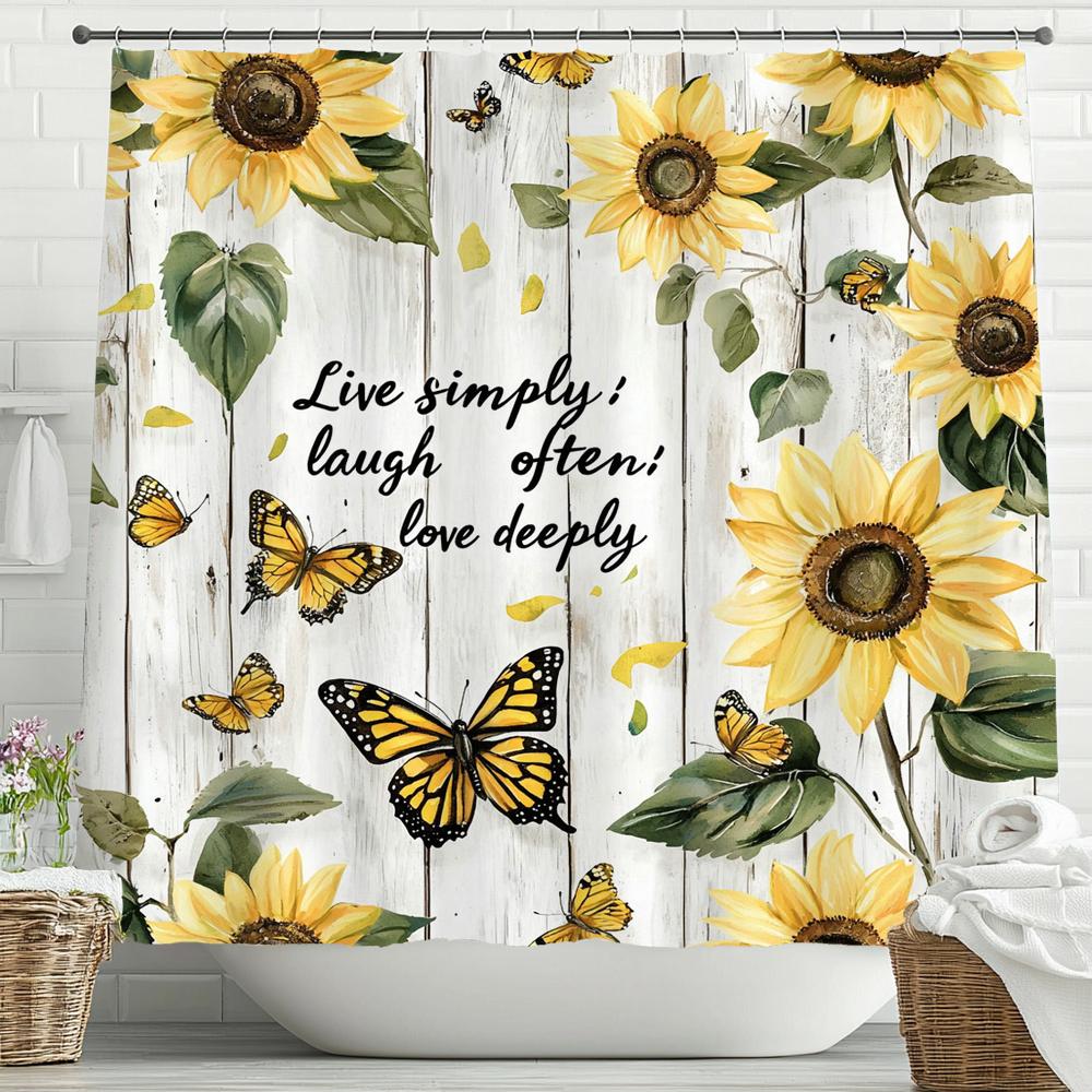 Flowers And Butterflies On Retro Wooden Boards Shower Curtain, Bathroom Shower Curtain, Waterproof Shower Curtain With Hooks