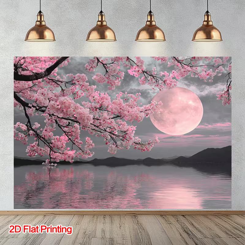 2D Nighttime Sakura Lake with Pink Moon Reflection Backdrop 47.2x31.5inch/120*80cm