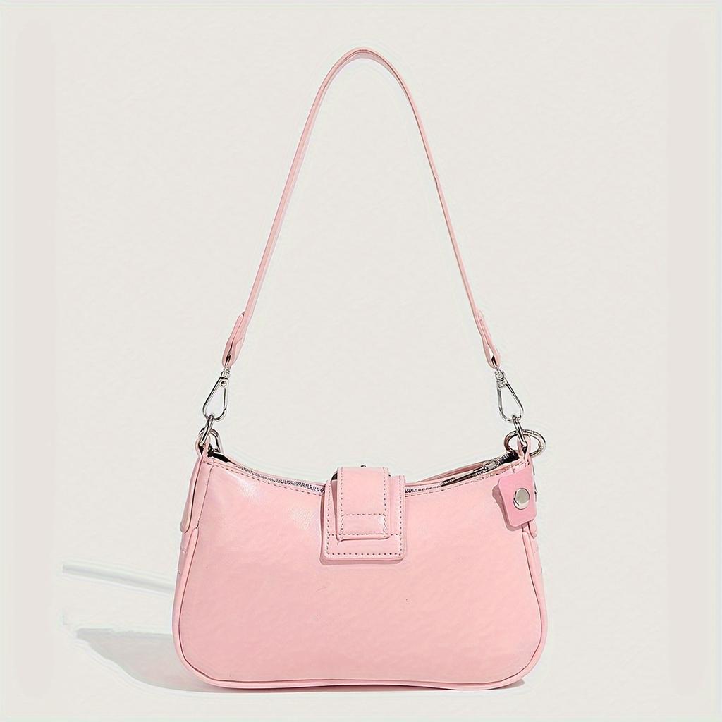 Y2K Style Small Shoulder Bag with Magnetic Closure, Polyester Lining, Chain Strap, Punk-Inspired Design, Pastel Pink Color