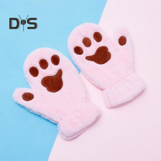 1 Pair Women Winter Mittens Cartoon Cat Paw Shape Thick Plush Anti-slip Heat Retention Outdoor Skiing Cycling Gloves