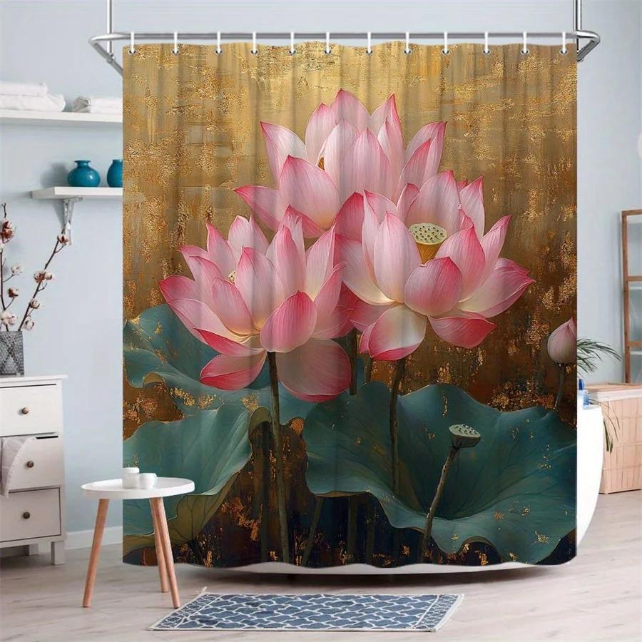 

1Pc Pink For Lotus Flowers Golden Background Shower Curtain - Vibrant Painterly Style With Delicate White Tips & Large Green Lea W60H190(CM)-1 Pcs