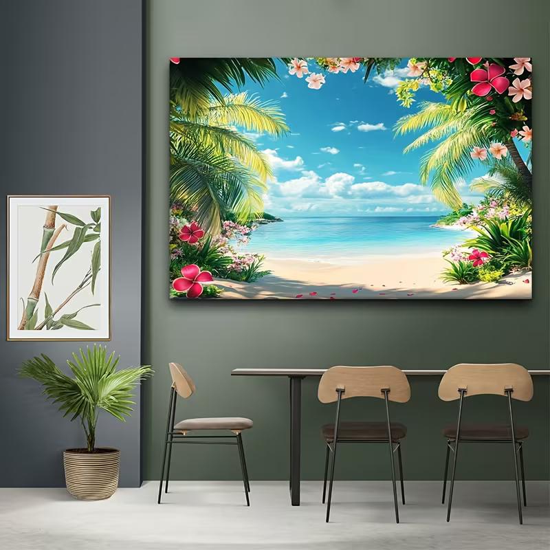 2D Tropical Flower Beach Backdrop Palm Tree Ocean Photography Background