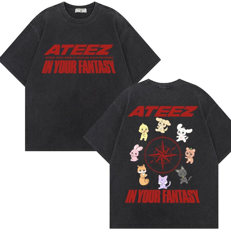 ATEEZ  World Tour in Your Fantasy Graphic T Shirt Harajuku Kpop Vintage Washed Tshirt Unisex Fashion Casual Cotton Tshirts