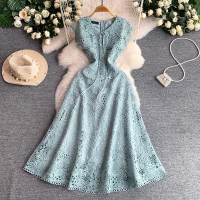 Elegant Lace Hollow Out Long Dresses Women's Holiday Short Sleeve Cape Embroidery Evening Party Summer Dress