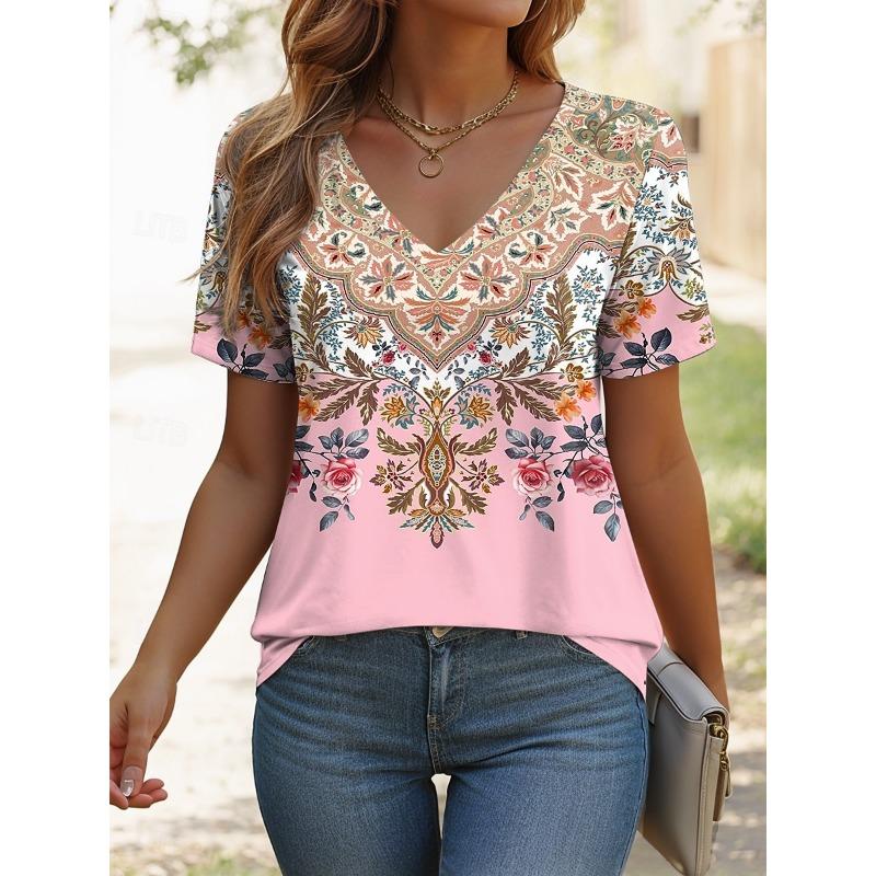 T-shirt da donna estiva casual elegante scollo a V manica corta top floreale retrò vestibilità ampia abbigliamento casual T-shirt da donna