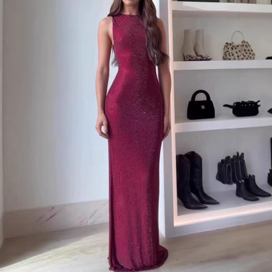 Women s Dress Sleeveless Sequins Rear Split Sexy Banquet Evening Dress Women S красный