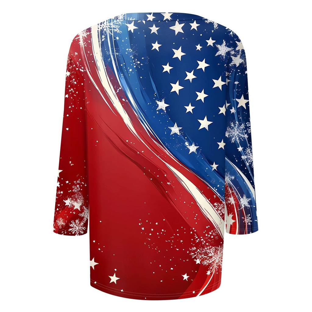 Damen Tops Dreiviertelärmel Shirt V-Ausschnitt Lockeres Freizeithemd Blumendruck T-Shirt