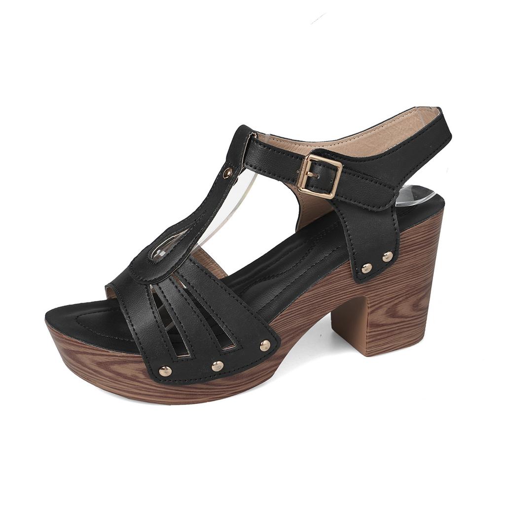 22 spring and summer European and American hollow buckle large size thick heel sandals new breathable hole sandals