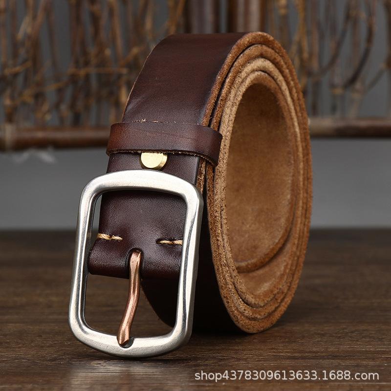 3.8CM Wide Retro Rough Thick Leather Belt Men's Stainless Steel Needle Buckle Cowhide Casual Denim Belt