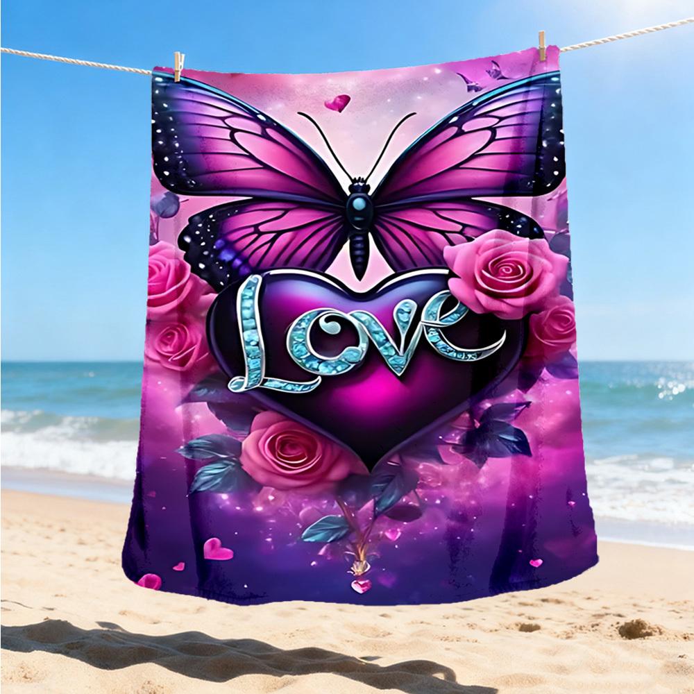 1pc Butterfly Love Heart Roses Throw Blanket Polyester Fiber, Lightweight Flannel, Soft & Warm, All Season Use for Outdoor, Camping
