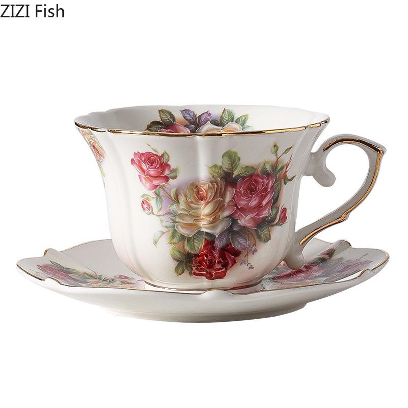 Rose Blooms Pattern Ceramic Cup&saucer Classic Mugs Dining Table Coffee Mug Milk Cups Afternoon Tea Teacup Fruit Juice Container