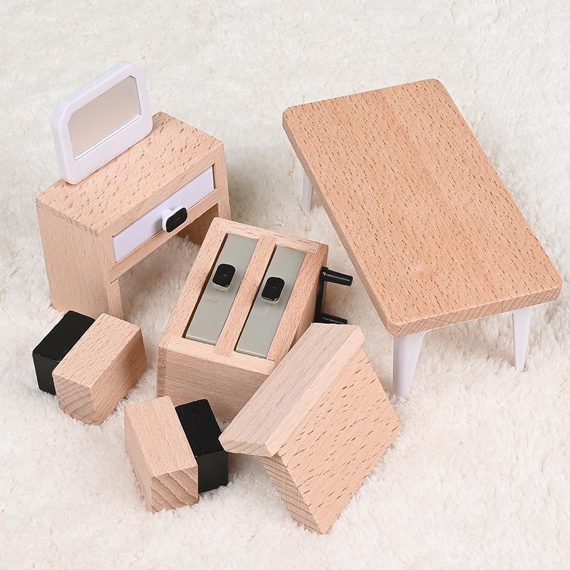 Children's Wooden Dollhouse Furniture Set - Mini Sofa & Bed Props