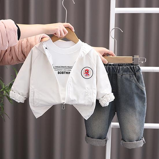 

Костюм для хлопчиків 0-5 років Дитяча двостороння куртка з довгим рукавом Білий топ з круглим вирізом Повсякденні джинсові штани Набір з трьох предметів XXL бежевий