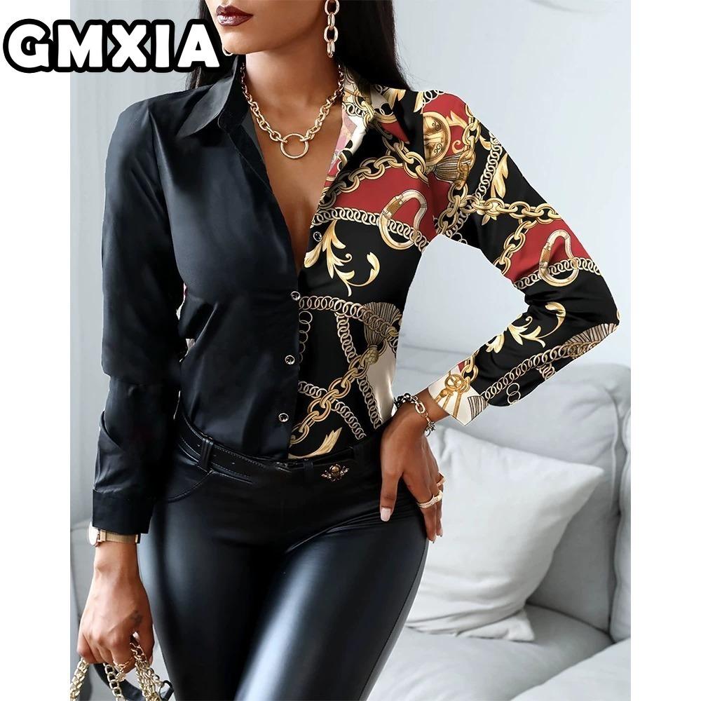 GMXIA Damenmode Lässig Freizeit Einfarbig Druck Langarm POLO Kragen Blusen & Hemden