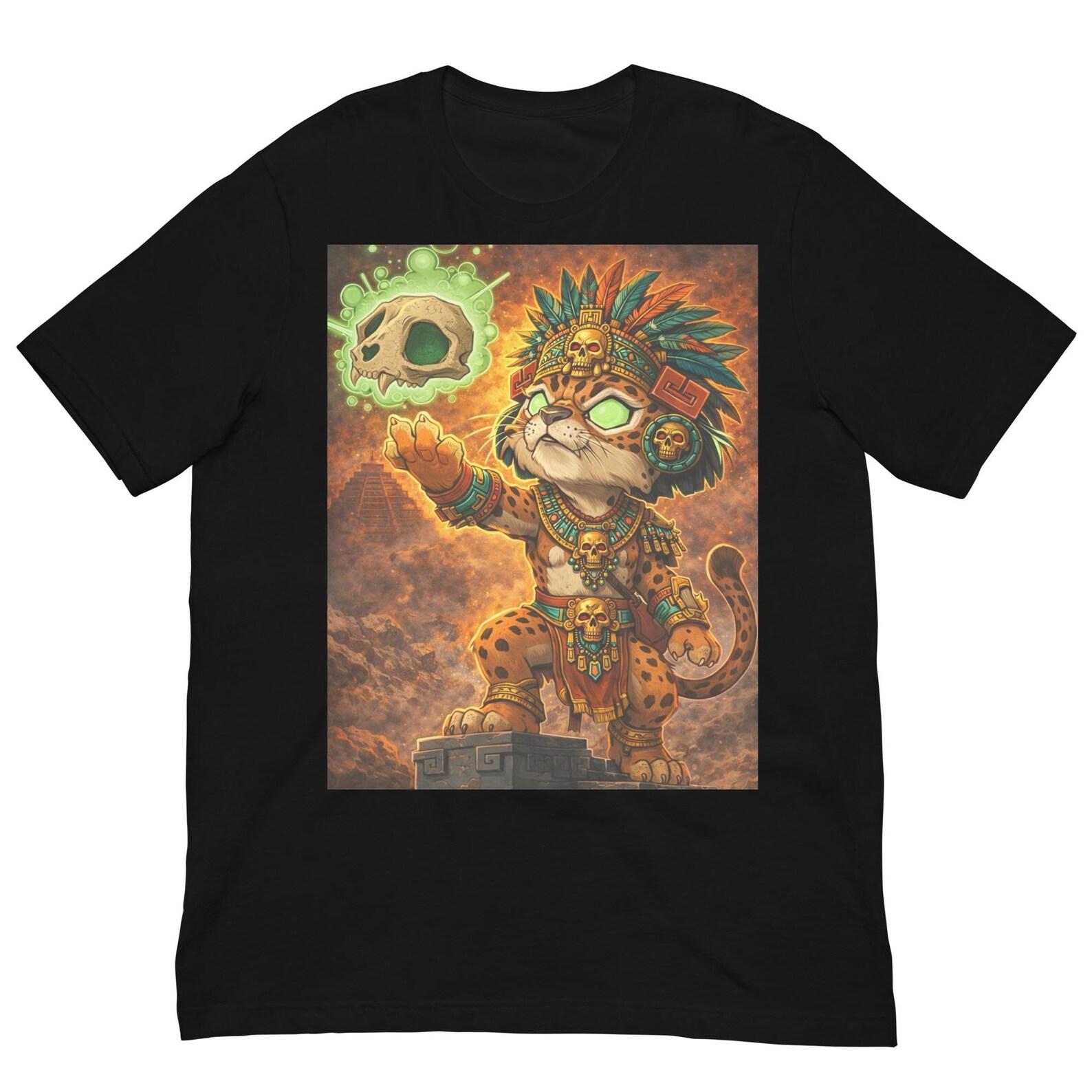 Aztec Jaguar Shaman Cat T-Shirt, Mayan Spirit Warrior Kitty Graphic Tee, Mexican Fantasy Jaguar Cub Shirt XL