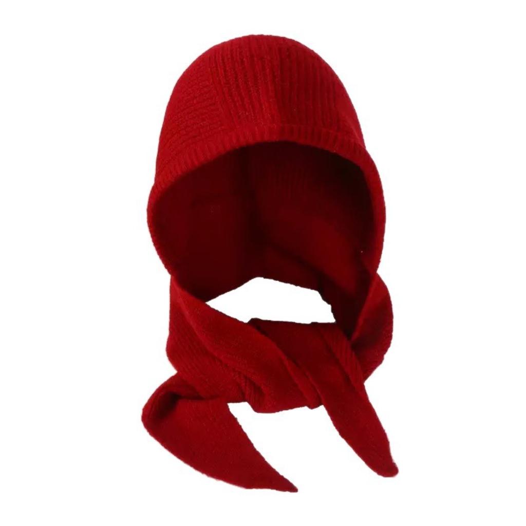 Red Hat Women's Autumn/Winter Warm Knitted Hat Scarf One Piece Hooded Neck Knitted Hat Winter