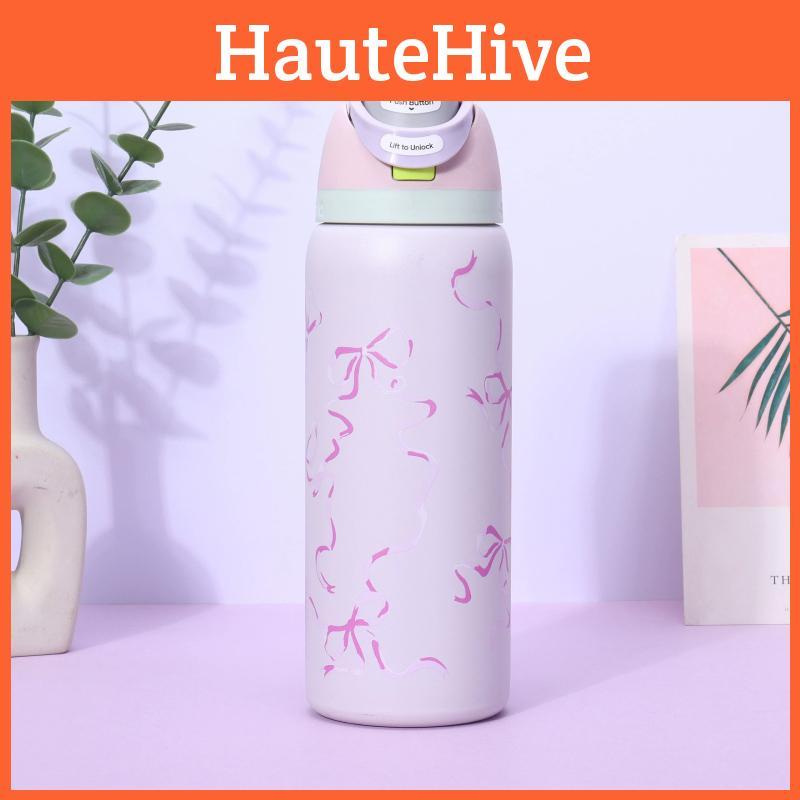 Ribbon Bow Pattern Print Water Bottle Thermos Cup For Sports Travel Gift School