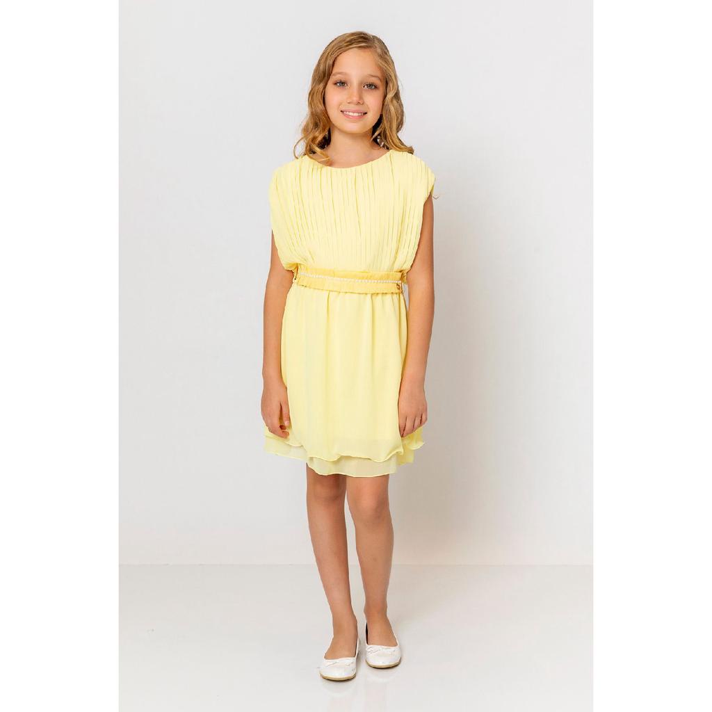 Girl's Round Neck Belted Pleated Dress