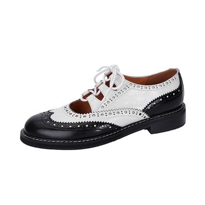 Damen-Oxford-Schuhe aus echtem Leder, runde Zehenpartie, Schnür-Brogues, Loafers, Freizeitschuhe