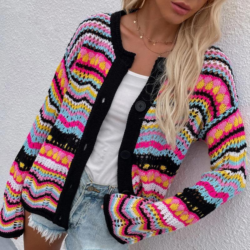 

Осень и зима новый полосатый свитер женский свободный импортный трикотаж радуга трансграничный женский кардиган XL чёрный