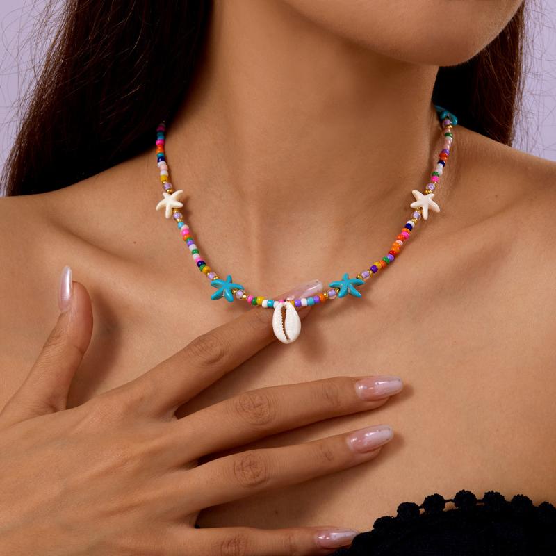 Bohemian Handmade Braided Beaded Seashell Starfish Pendant Clavicle Chain Necklace Women Beach Vacation Jewelry Accessories