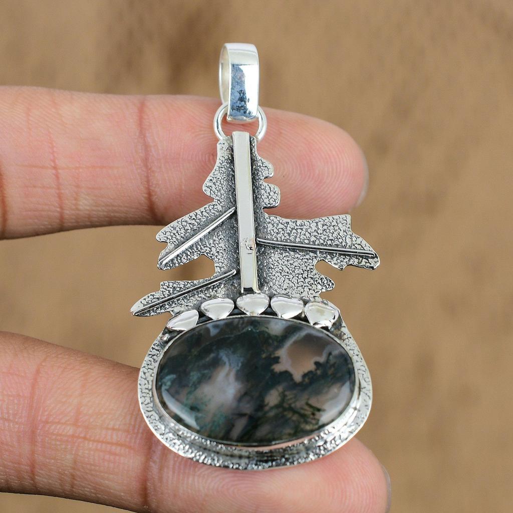 Birthday Gift For Her Natural Solar Moss Agate Gemstone Pendant 925 Silver