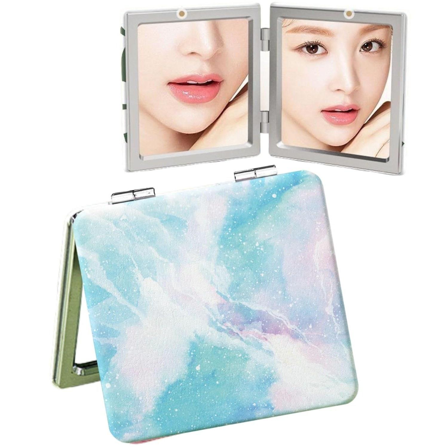 

mental body cota hand mirror compact cute small portable double-sided 2x magnification mobile makeup adjustable angle folding cosmetic (light blue)
