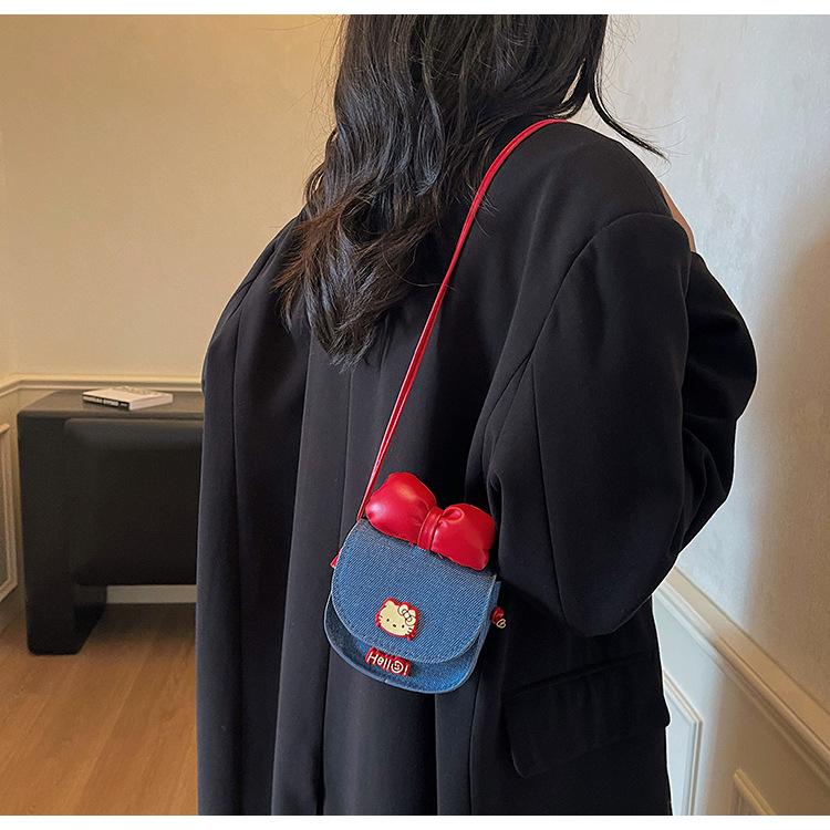 Cute Cat Bow Knot Denim Mini Wallet Fashionable Cartoon Crossbody Purse for Women KTB