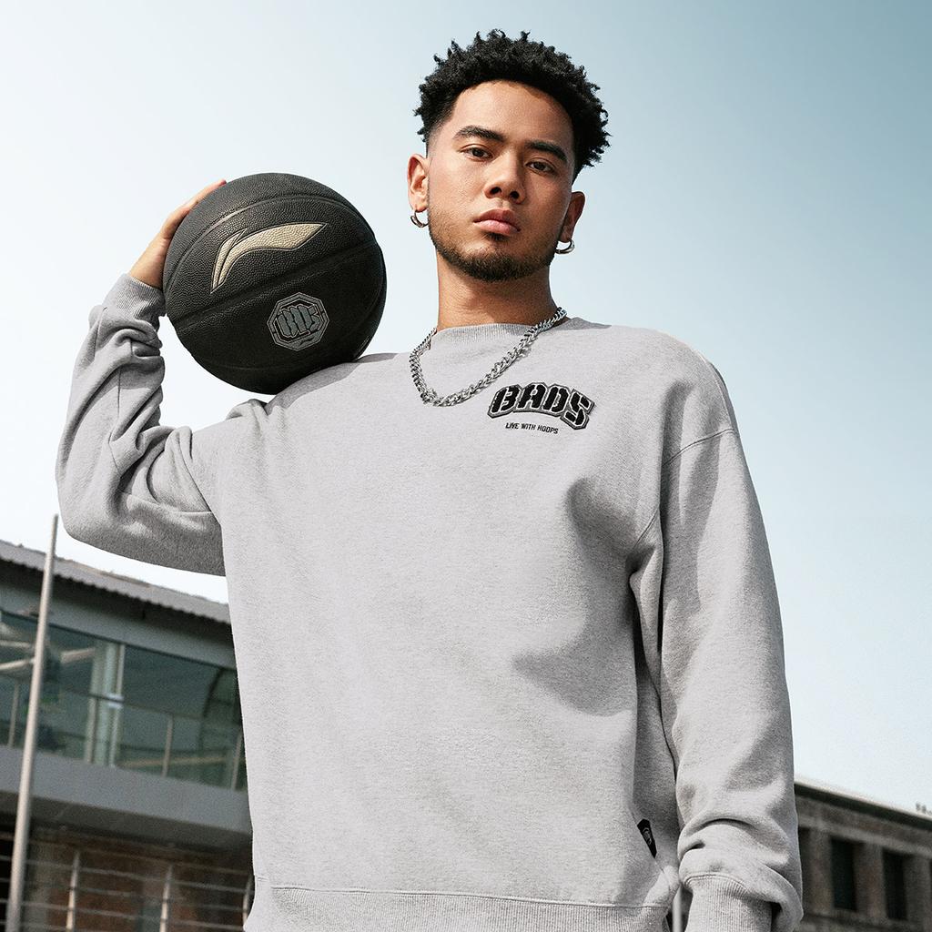Li Ning Badfive Basketball Series Letter Round Neck Pullover Warm Fleece Sports Long Sleeve Sweatshirt Men sweatshirt Gray Mixed-Gray AWDU515-6