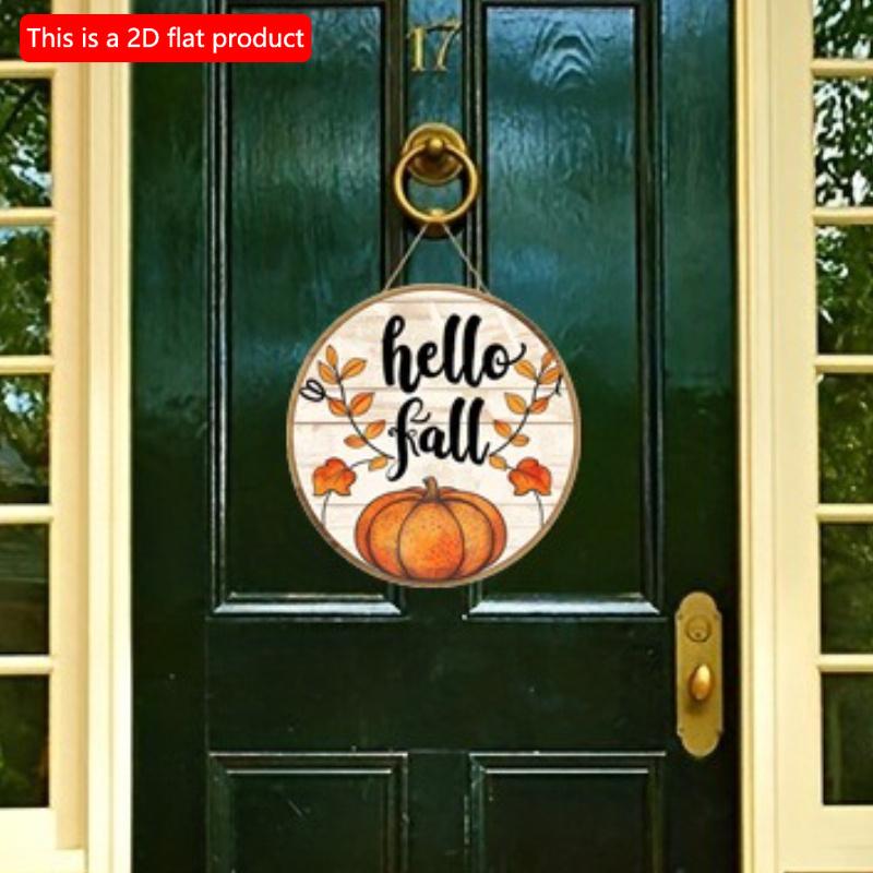 2d Flat 20*20cm, Autumn Home Decoration, "Hello Fall" Pumpkin Circular Wooden Creative Logo, for Home, Kitchen, Bar, Cafe, Garden Wall Decor.