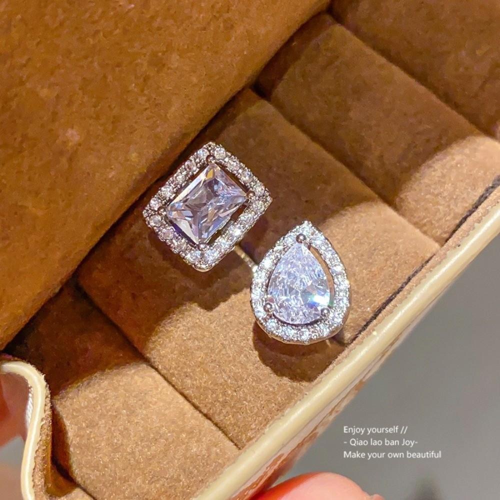 Cubic Zirconia Stone Zircon Square Ring Water Drop Shape Open Ring Design for Wedding Party
