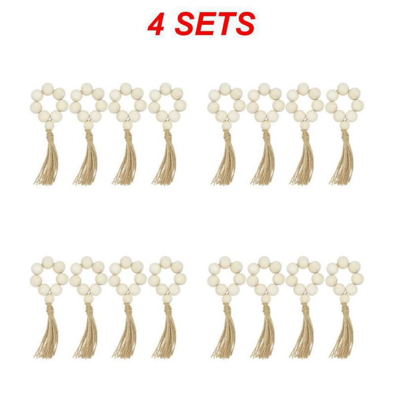 Wood Bead Napkin Rings Napkin Holders With Tassels Hand-Woven Boho Buckles For Christmas Farmhouse Wedding Home Table Decoration
