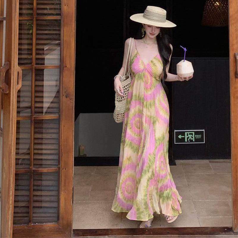 Holiday Style Print Neck Sling Dress Women's Island Beach Photo Long Skirt