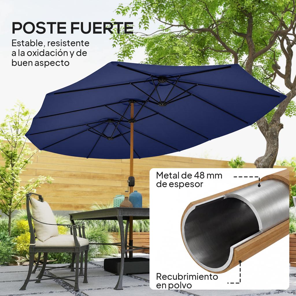 Double Garden Umbrella 4.7x2.8 M With Base Included Crank Sandbags UV Protection Waterproof Dark Blue
