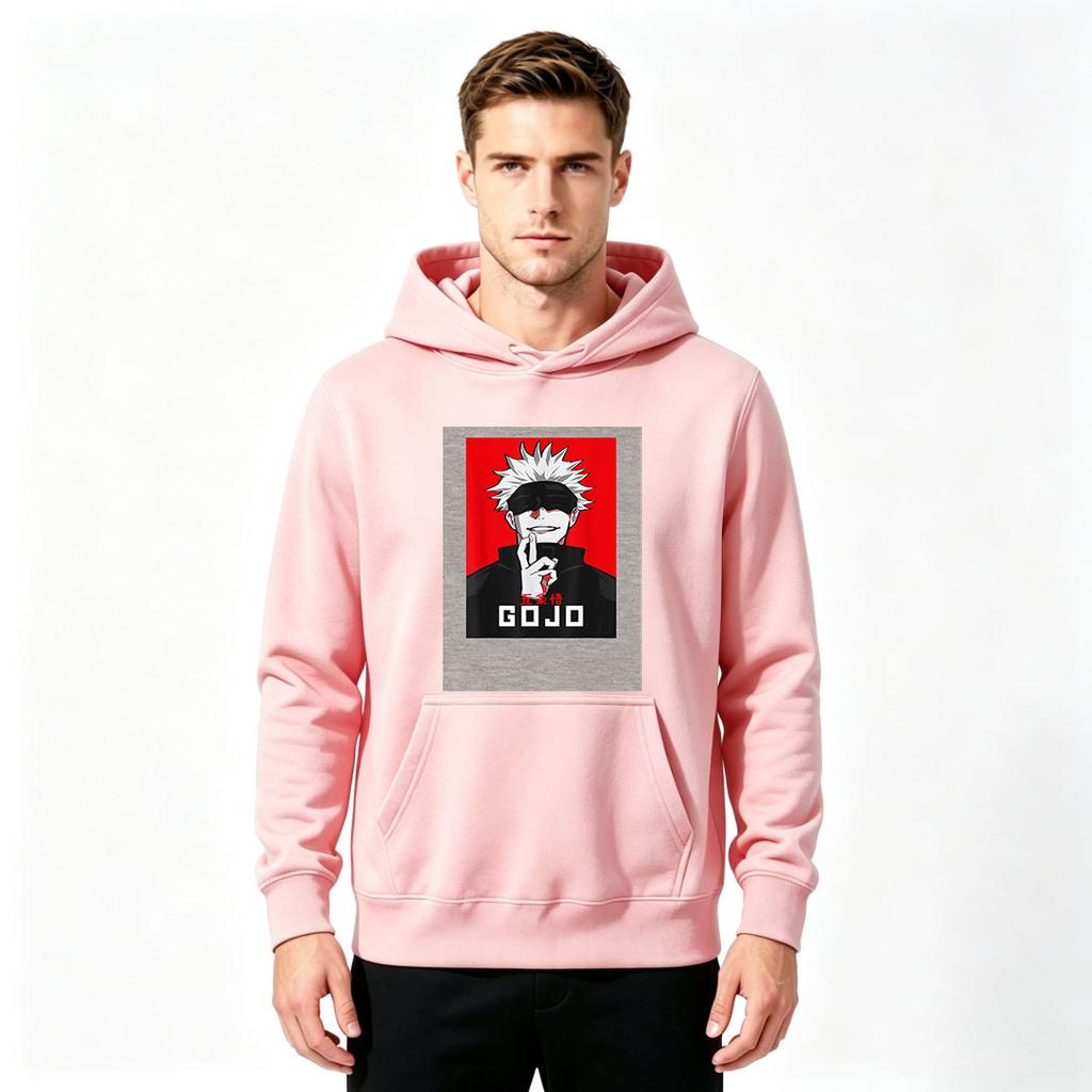 Anime Gojo Printed Men Pullover Hoodie, Casual Long Sleeve Black Hooded Sweatshirt for Daily Wear