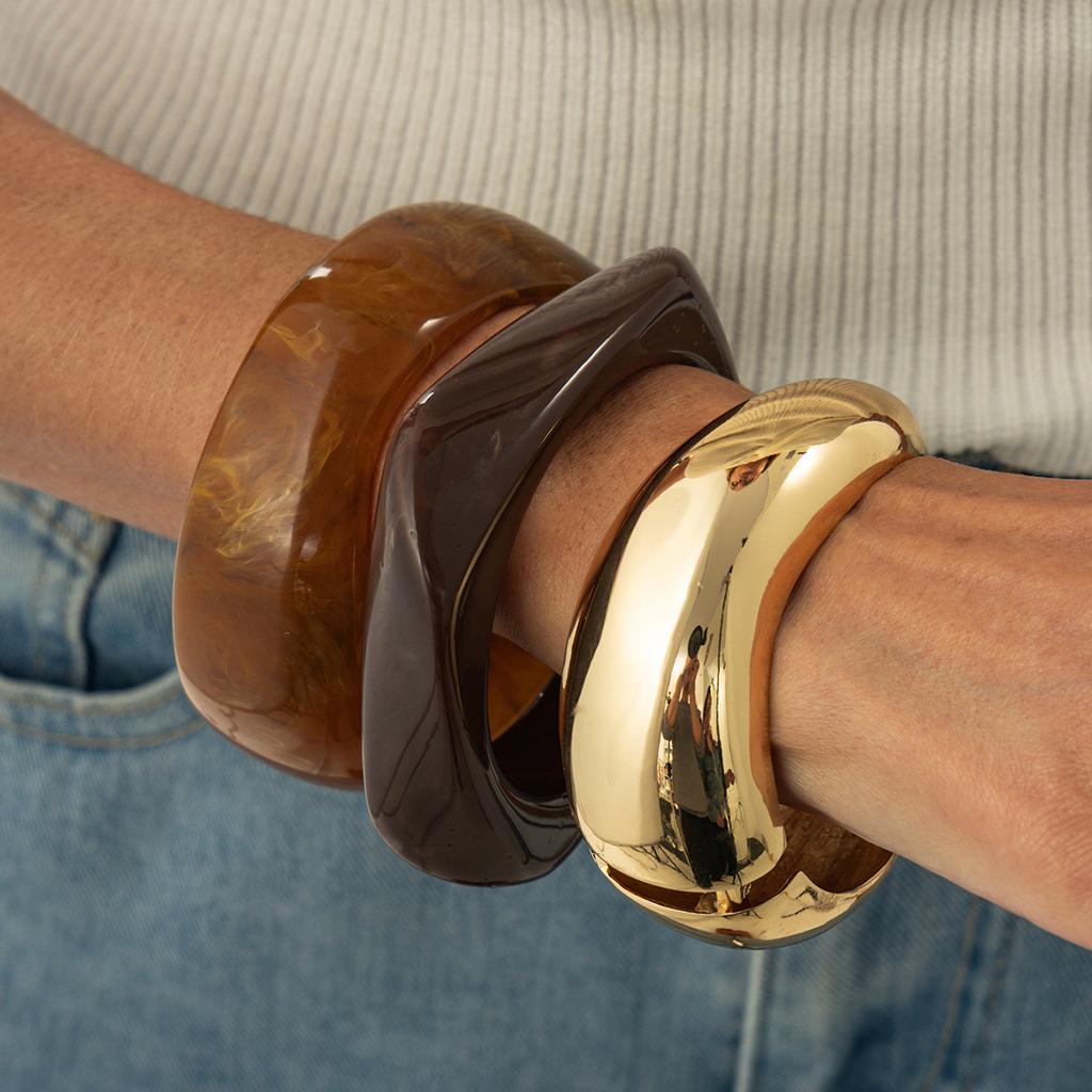 Design Sense Irregular Metal Smooth Spring Bracelet, Exaggerated Wind Smudging Resin Wide Bracelet