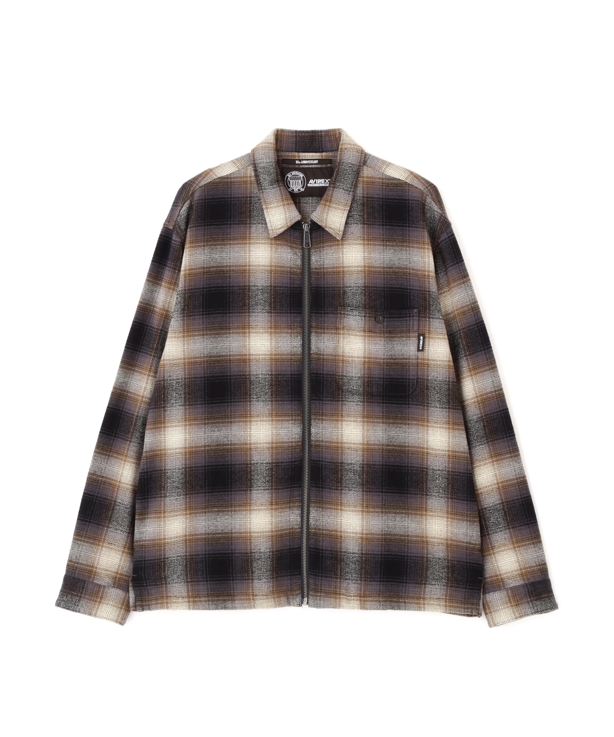 AVIREX OMBRE CHECK ZIP UP SHIRT men s 2XL 050 brown 783-5220013
