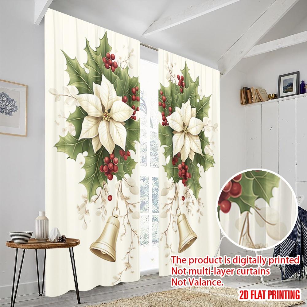 2pcs,2D Plane Printing Light Filtering Curtains Christmas Bells Holly Flowers (2) Versatile Fabric (without Rod) Decorations