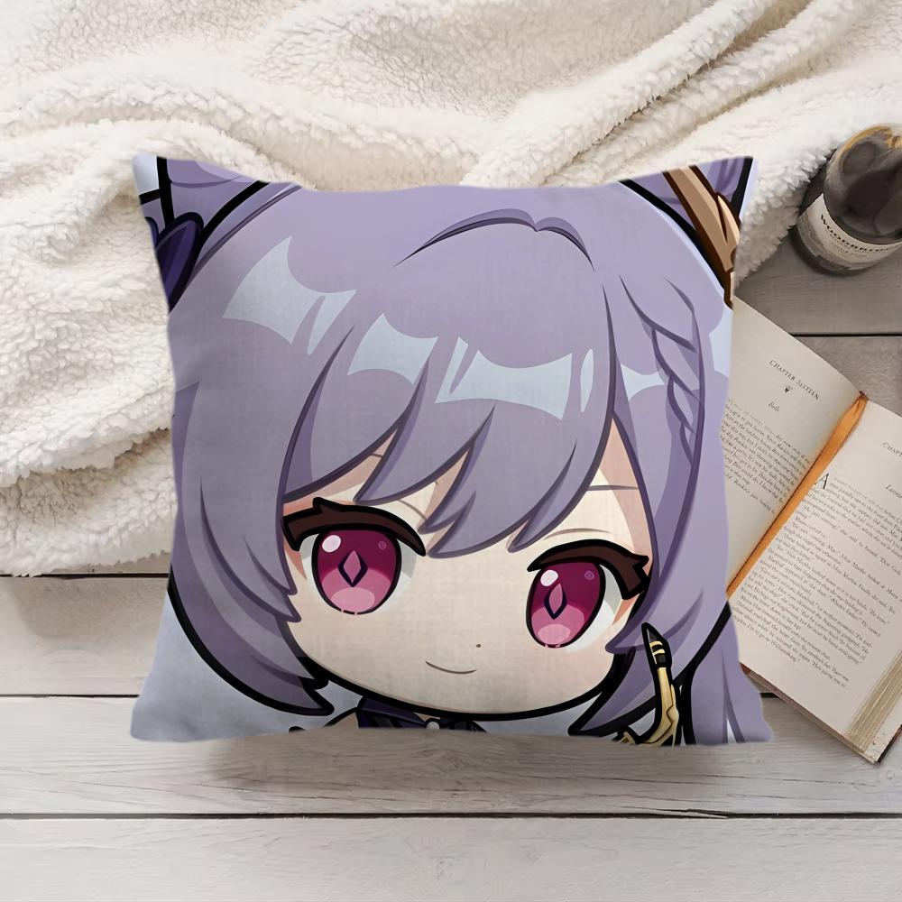 Keqing Cute Genshin Impact Cushion Cover Silky Short Plush Invisible Zipper Dustproof Sofa Pillow Case For Home Decor