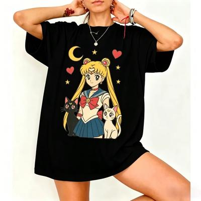 Vintage Sailor Moon Anime Print Tshirt For Unisex Kids Kawaii Tsukino Usagi Graphic Oversized Tee Summer Casual Streetwear Tops