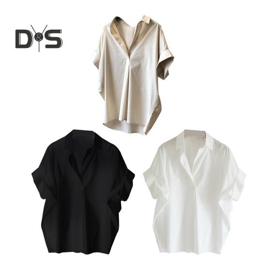 Dámská letní košile Klopa Krátký rukáv Jednobarevný svetr Topy Volný střih Tenká kancelářská dámská košile Pracovní oděvy