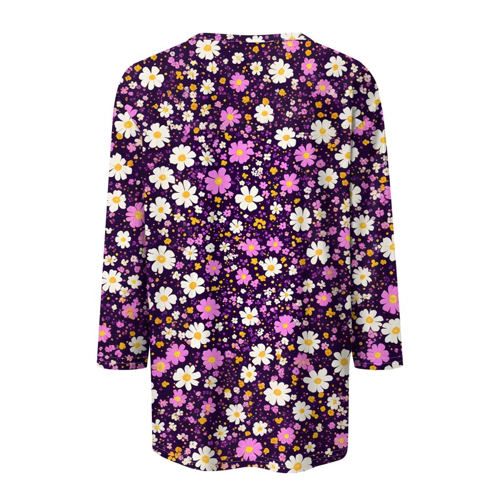 Modisches und lässiges Pullover-Oberteil mit sieben Viertelärmeln und Blumendruck für Damen
