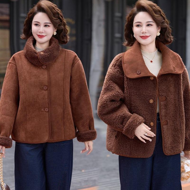 Middle-aged and Old Women's Mother Winter Coat Short Front Shoulder Fashion Women's Autumn and Winter Fur Integrated Coat Piled and Thickened