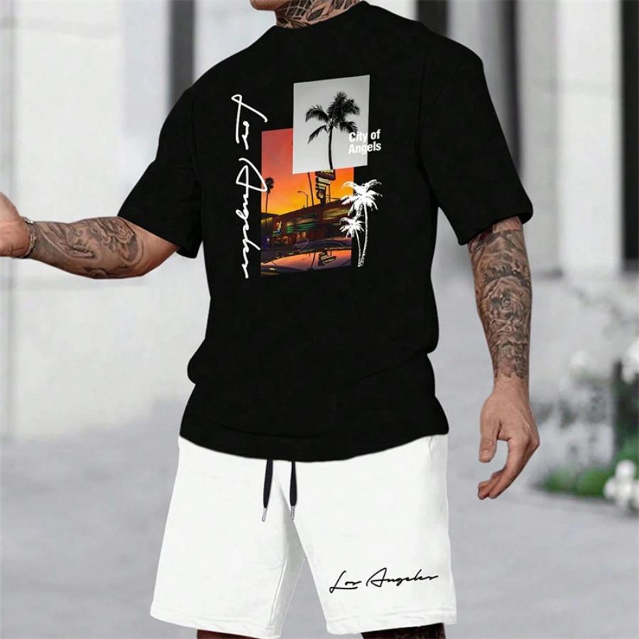 2025 Summer New Men's Short Sleeve Palm Tree Print Two Piece Drawstring Shorts Set Fashion Men's Vacation Beach Casual Suit