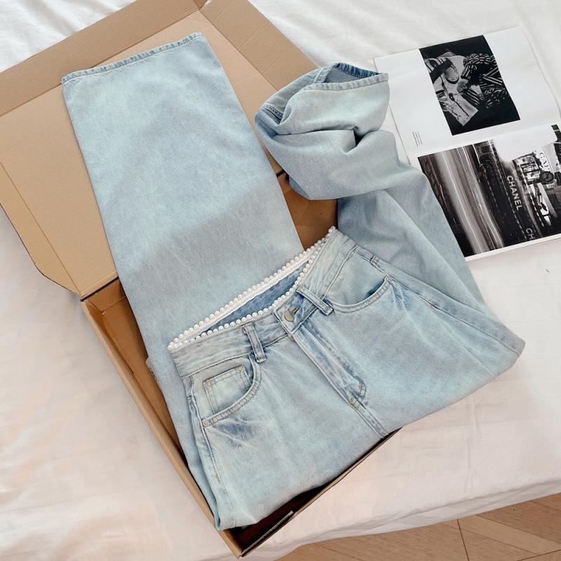 Korean Style Elegant Pearl Waist Rhinestone Light Jeans - Women's High Waist Straight Slimming Wide Leg Pants